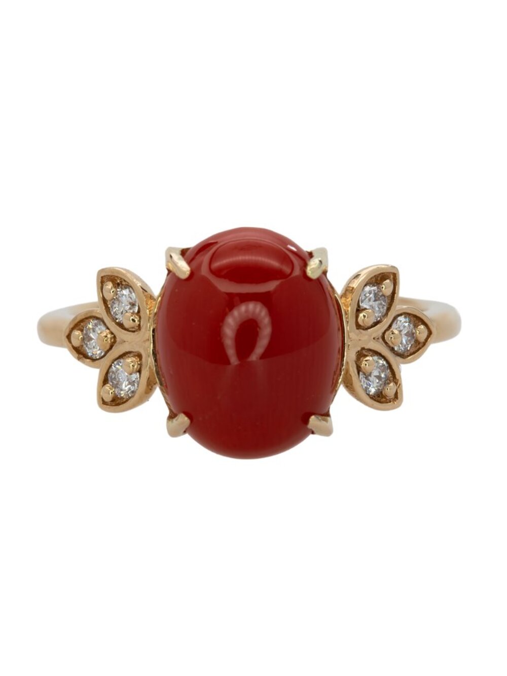 2.3ct Italian Coral Cabochon Ring with Natural Diamond Accents in Solid 14K Gold
